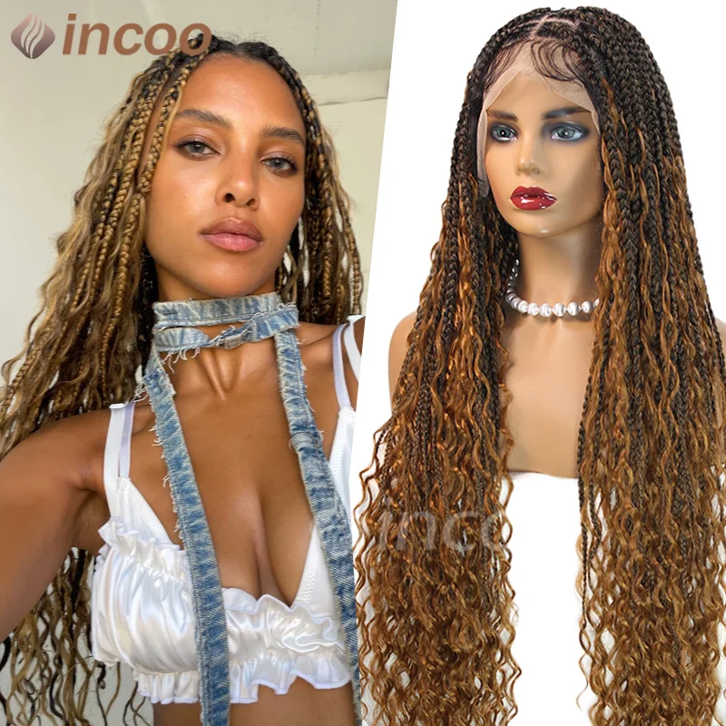 

Boho Braided Wigs Synthetic Full Lace Front Wigs Ombre Blonde Curly Ends Hair Goddess Locs Cornrows Wigs Knotless Box Braids Wig