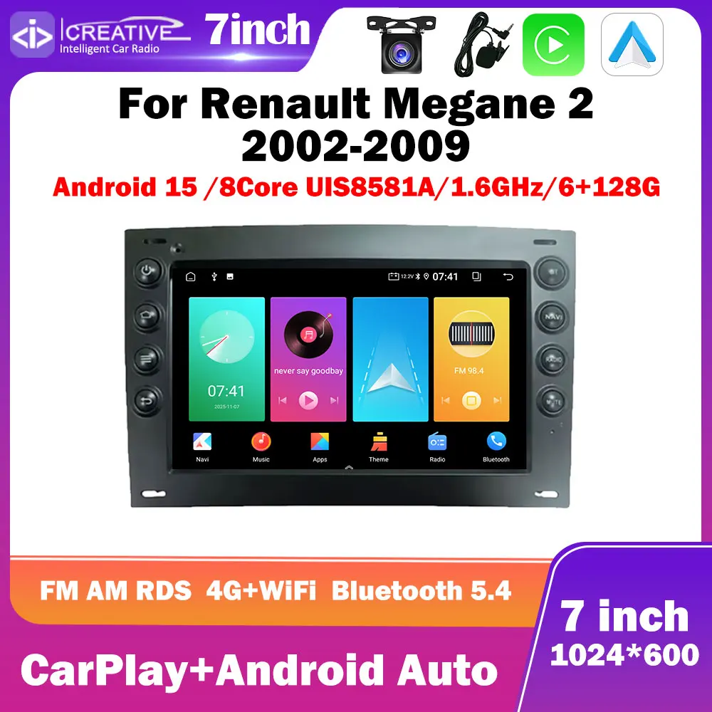 Android 15 Car Radio For Renault Megane 2 2002-2009 7inch 1024*600 Carplay Auto Multimedia Stereo GPS Navi Intelligent 8Core
