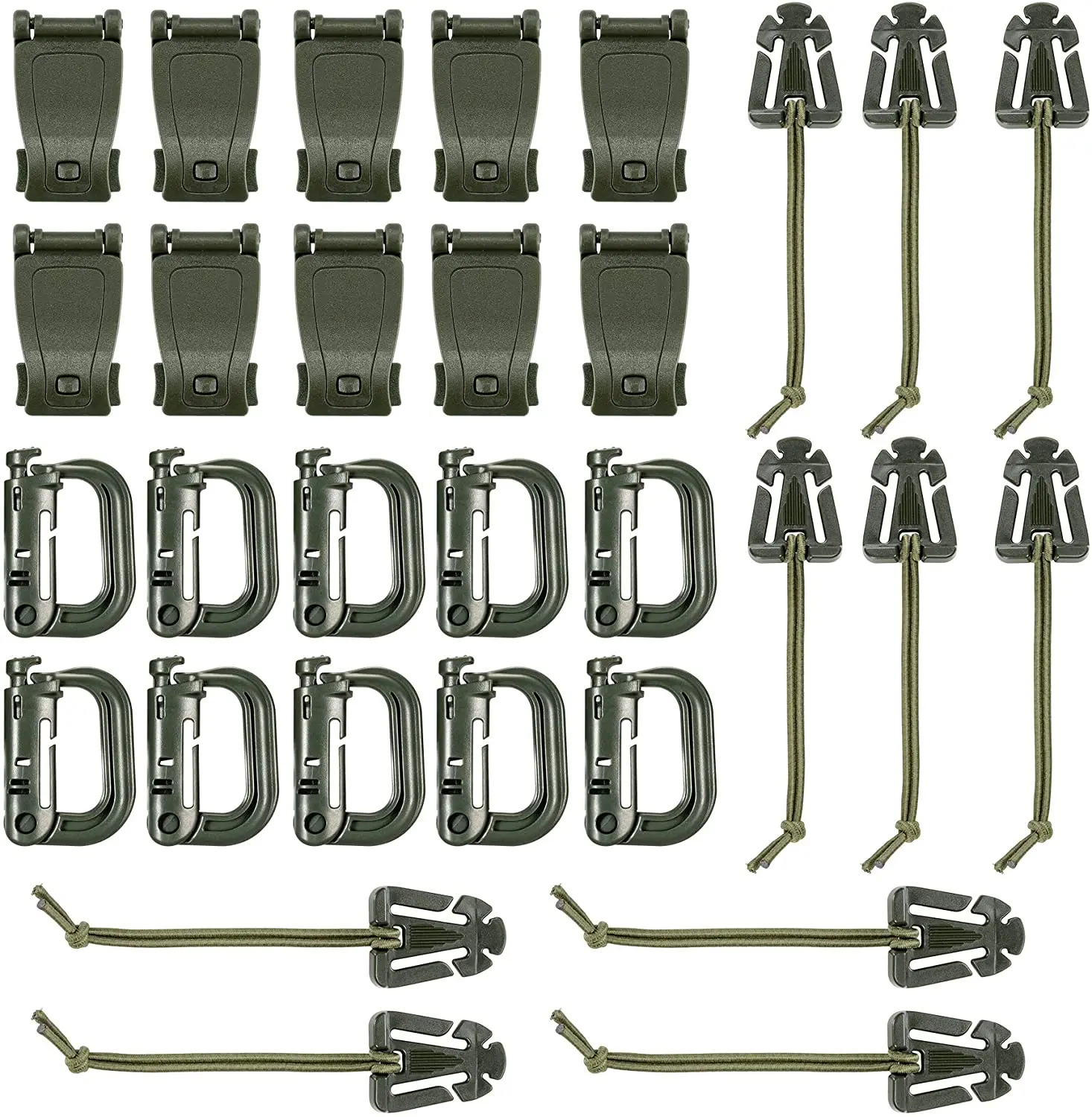 30pcs Attachments for Molle Bag Tactical Backpack Vest Belt D-Ring Locking Gear Clip Web Dominator Elastic Strings