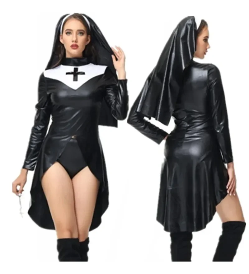 

Женский костюм монахини из ПУ-латекса, облегающее платье-смокинг, средневековый сексуальный костюм медсестры, карнавальный костюм для Хэллоуина, нарядное платье для вечеринки