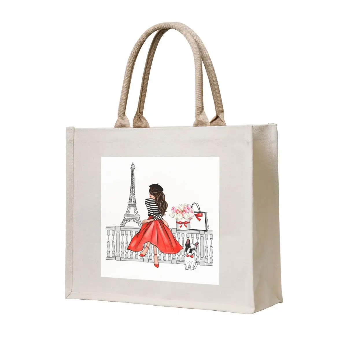 

Brunette girl in Paris red dress Tote Bag Women's beach bags custom tote bag Cloth bag