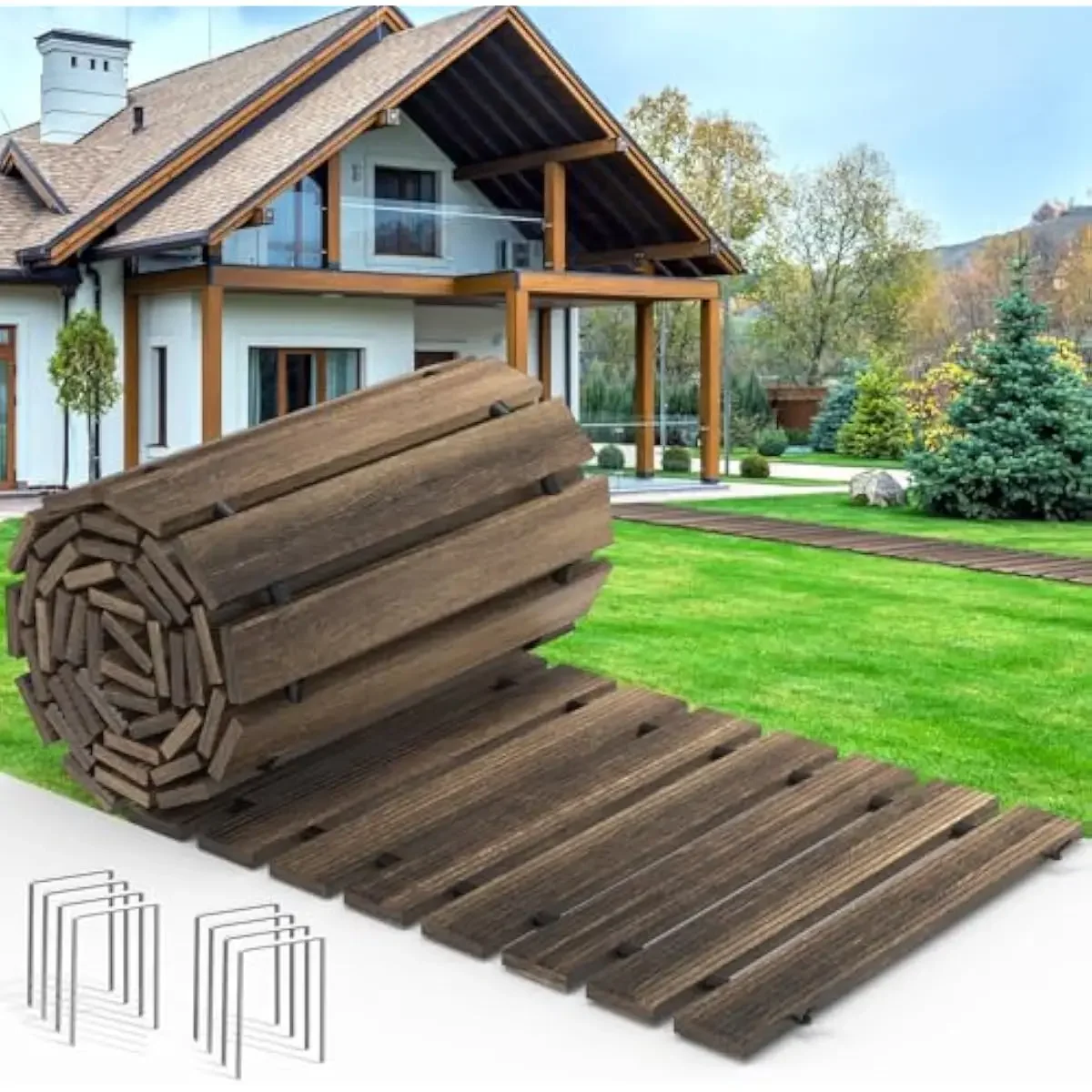 8 ft x 17 in rustic cedar walkway roll out for gardens patios beaches campsites weddings | weatherproof non-slip grooved hardwoo