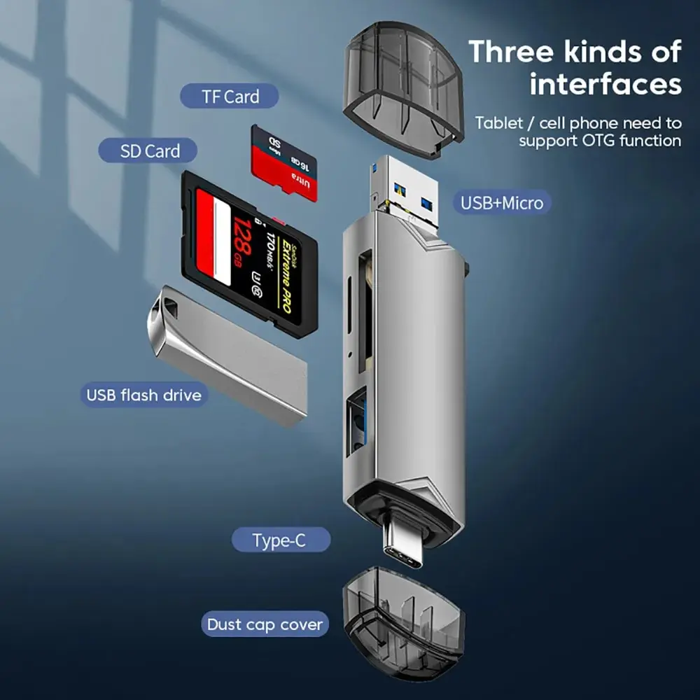 Multifuncional SD e TF Card Reader, 6 em 1, Adaptador de Cartão USB 3.0, 5Gbps, Alta Velocidade, Micro Memória para iPhone 15, Samsung, Macbook