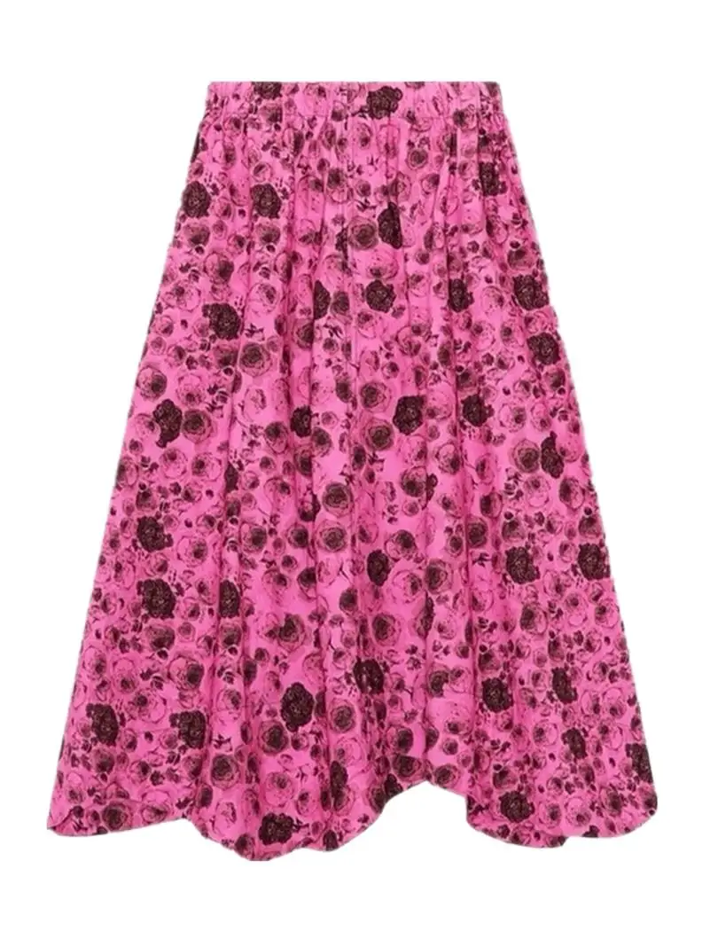 ربيع جديد روز التنانير النساء فوشيا ألف خط جميل زهرة طباعة متموجة حافة فساتين الشمس خمر Y2K السيدات عادية فيستدوس رداء #4