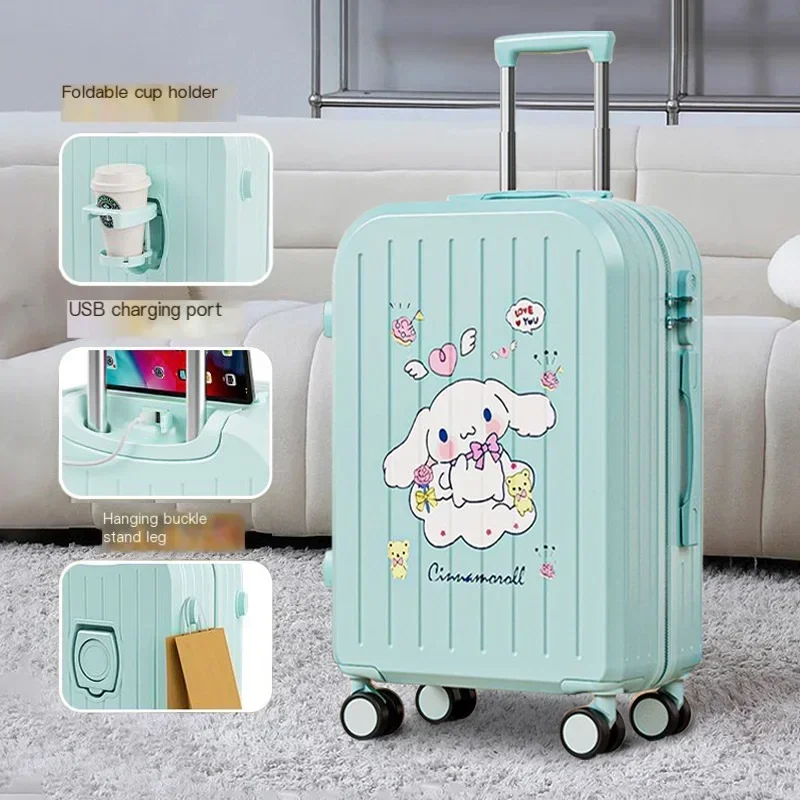 Kawaii Sanrio Trunk Cinnamoroll Usb Charging 20 22 24 Inch Trolley Case Anime Kuromi Cup Holder Hook Up Suitcase Student Gift