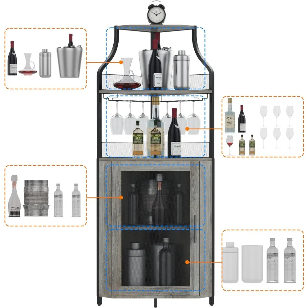 ตู้บาร์เข้ามุมมีพื้นที่เก็บของขนาดใหญ่และชั้นวางแก้วที่ถอดออกได้พร้อมที่วางแก้วและประตูตาข่ายตู้ไวน์