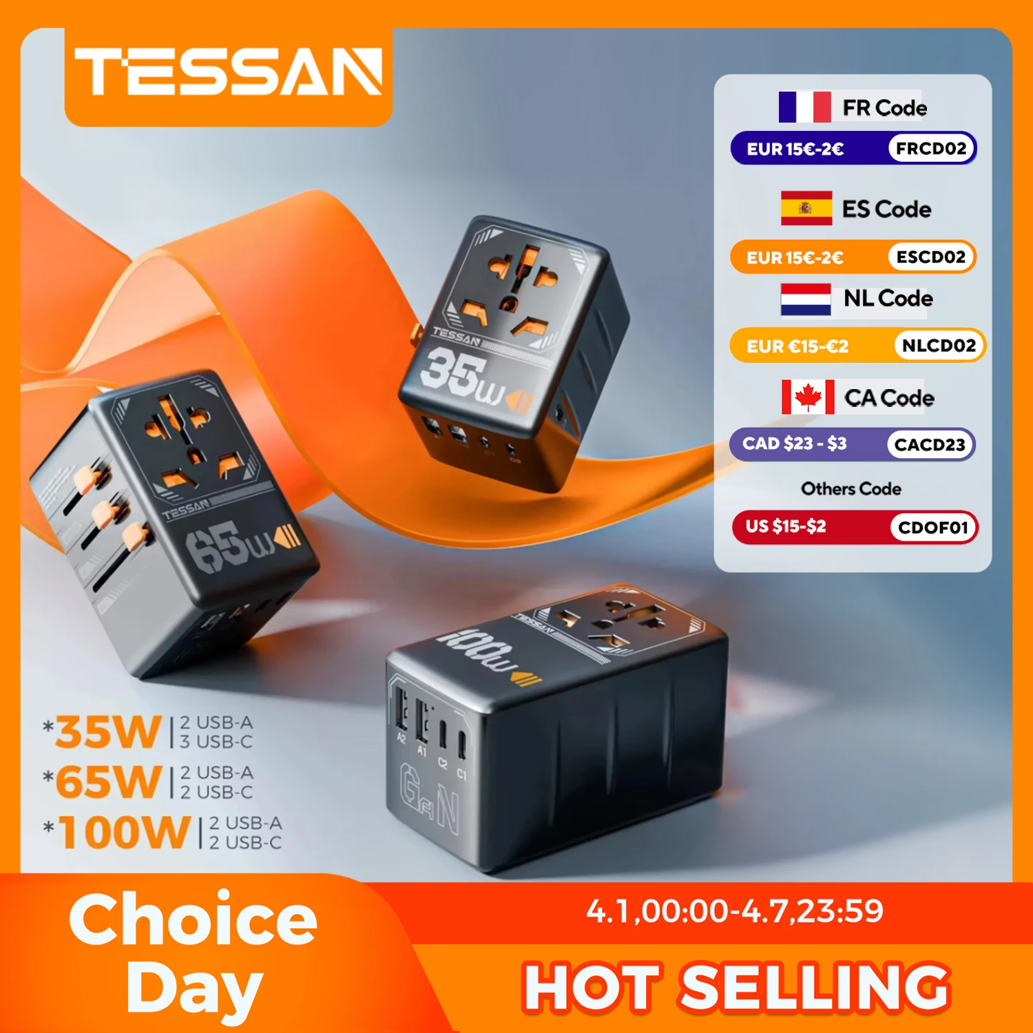 TESSAN – adaptateur de voyage universel GaN 100W, avec USB et Type C, charge rapide, prise International, prise EU/UK/US/AUS pour voyage