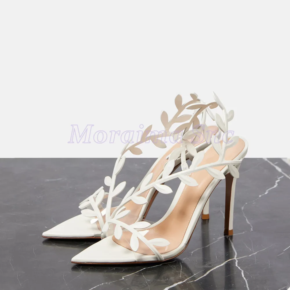 

Clear PVC Leaves Detailing Sandals Pointed Open Toe Slingback Stiletto High Heel White Solid Sexy Fashion Women's Dress Shoes