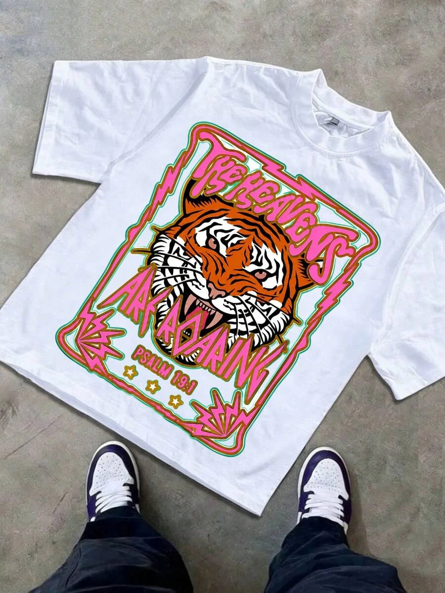 Men Hip‑Hop T‑Shirt Retro Tiger Head Animal Graphic Pink Letter Print Crew Neck Short‑Sleeve Loose Y2K Streetwear Male Tee