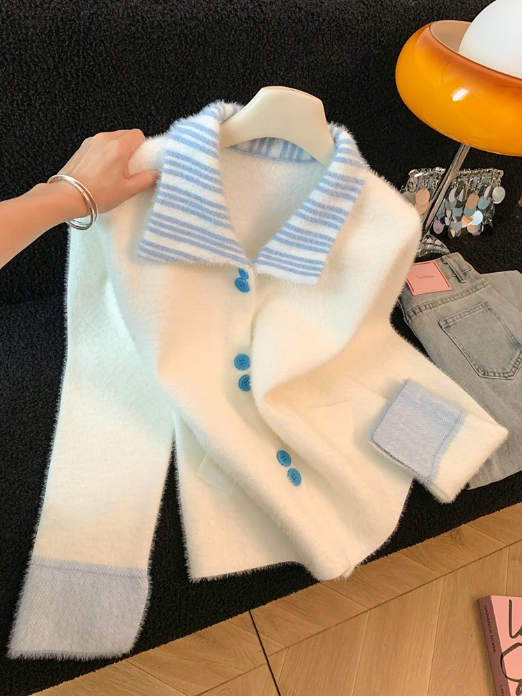 

Контрастный цветной полосатый вязаный кардиган, женский модный темпераментный воротник с лацканами и пуговицами, мягкий свитер, женское пальто, топы