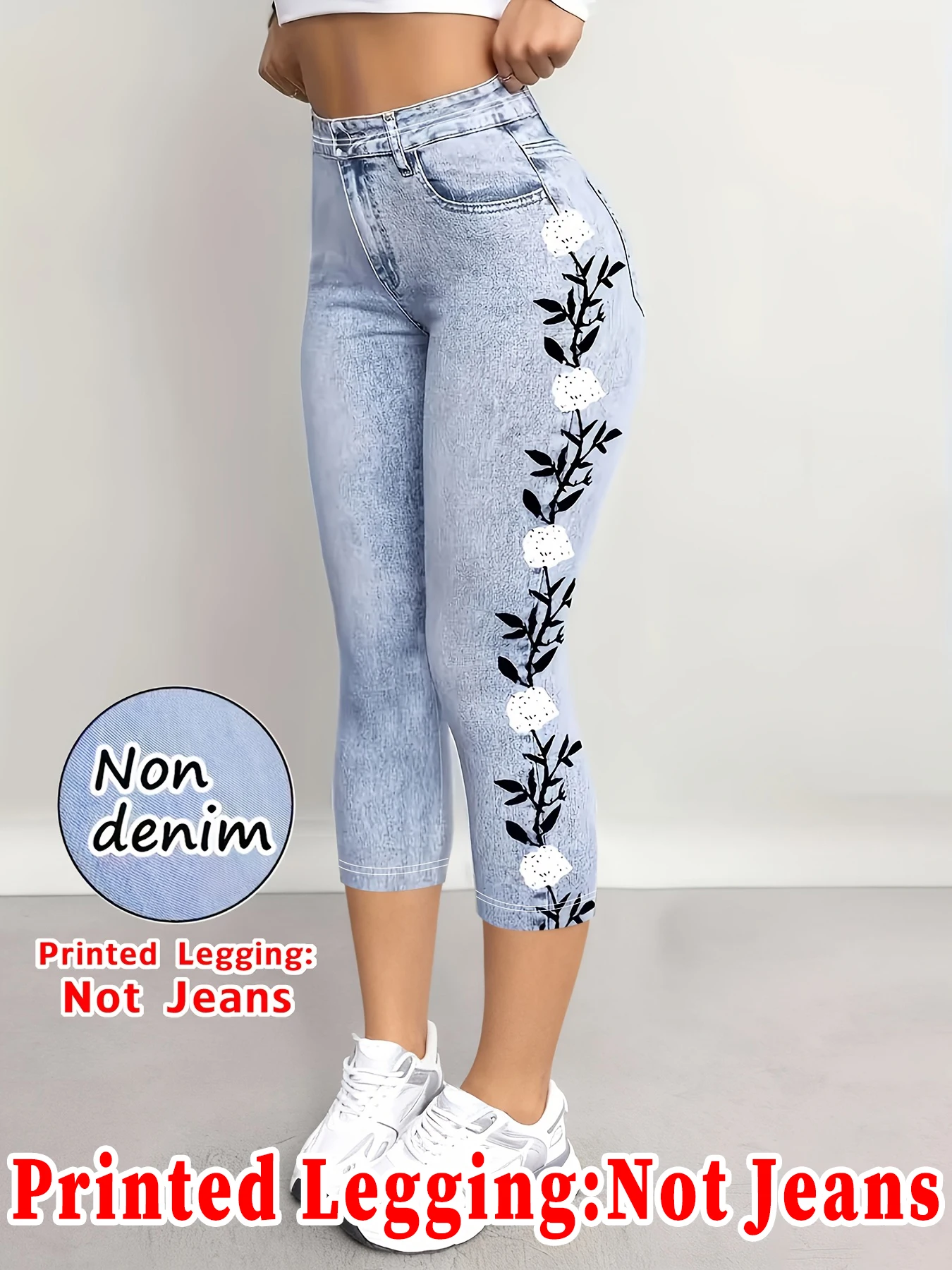 Fashionable Women's Printed Skinny Capris, High-Elastic Seamless Design with Mock Pockets, Ideal for Casual and Sports Wear