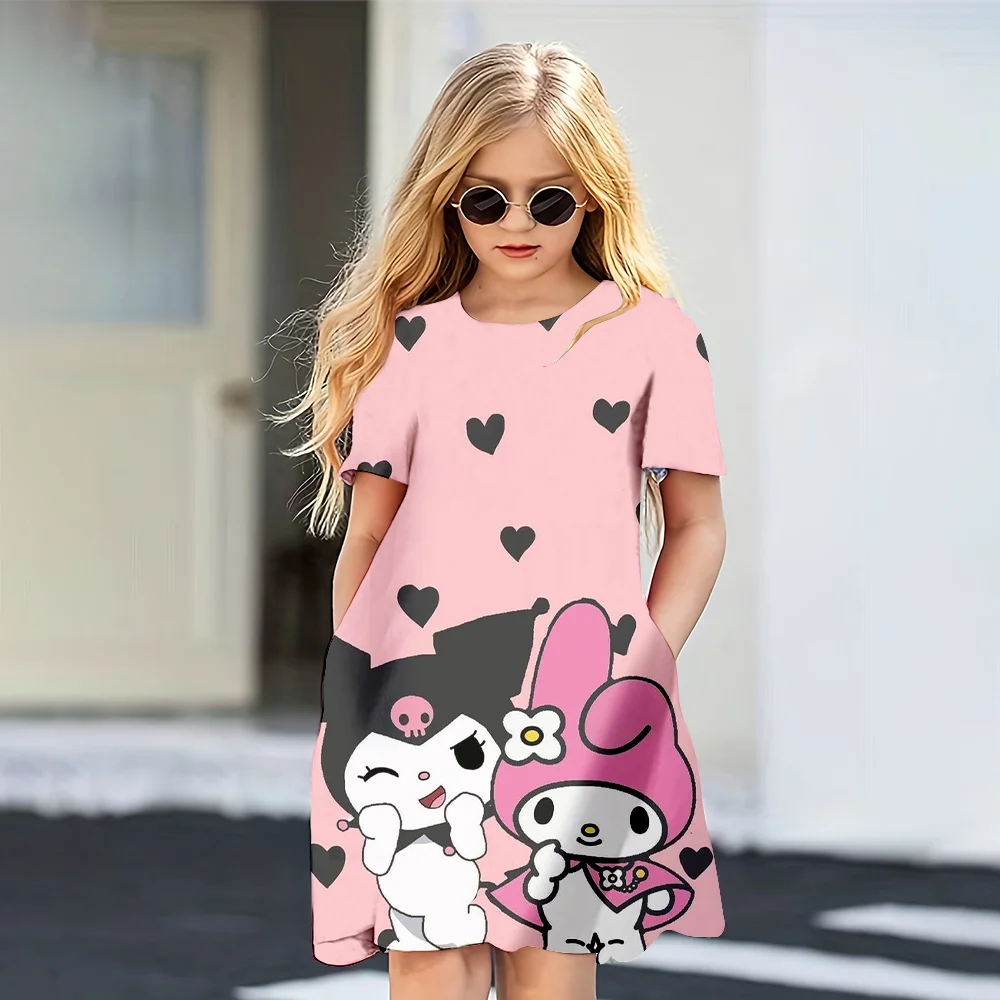 Mini nowy styl dziewczyny letnia sukienka moda kreskówka słodkie Kuromi & Hellokitty 3D nadrukowana sukienka z krótkim rękawem dla dziewczyny luźne