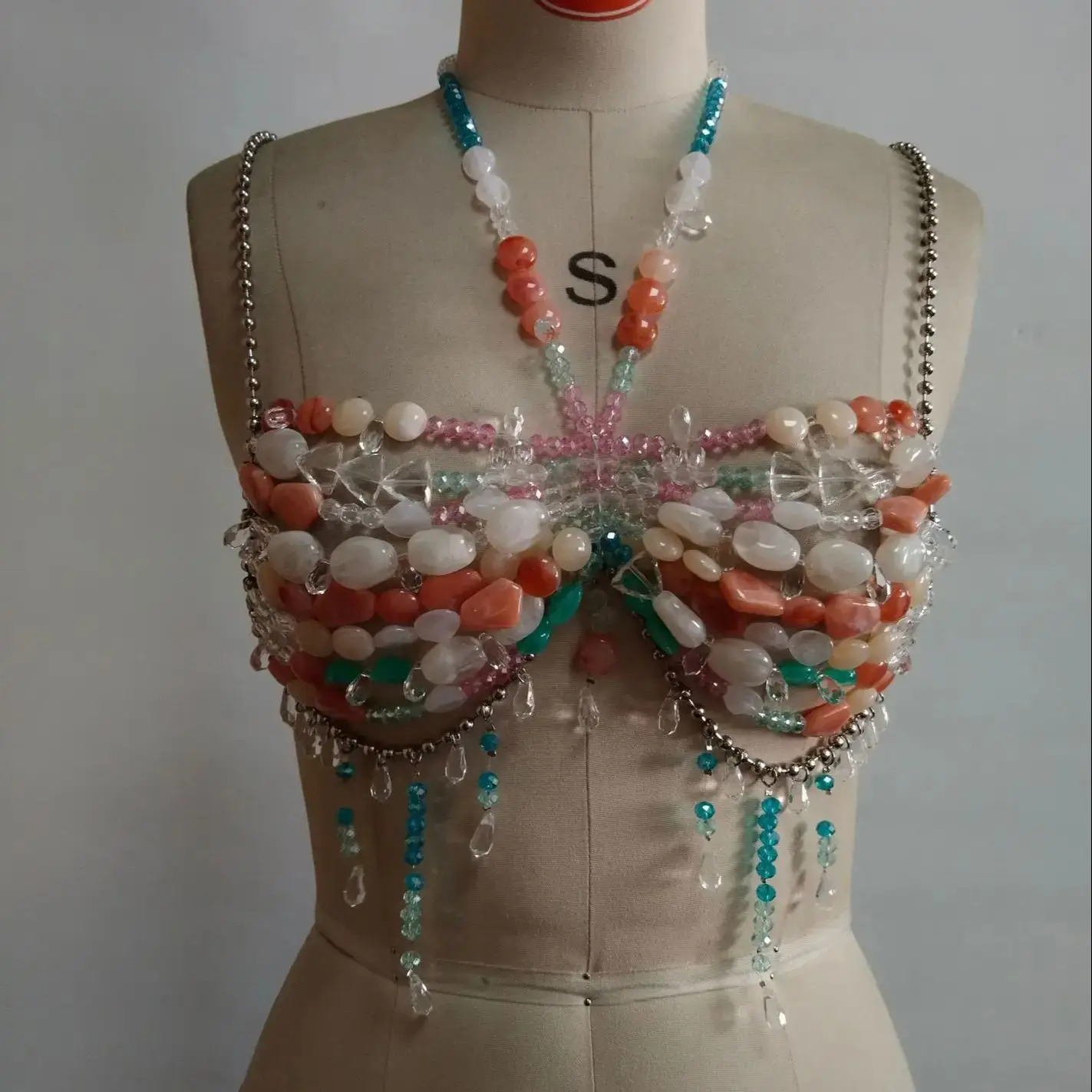 

Sexy Iridescent Gemstone Handcrafted Body Chain Necklace With Hollow-Out Design Nightclub Party Layered Outfit For Hot Girls