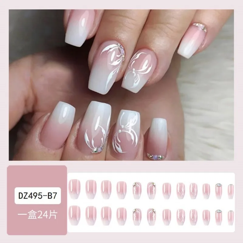 24 Stks/set Zomer Korte Middelgrote Vierkante Pers Op Nagels Roze Streeppatroon Nepnagels Glanzende Kunstmatige Manicure Valse Nagels Goedkoop