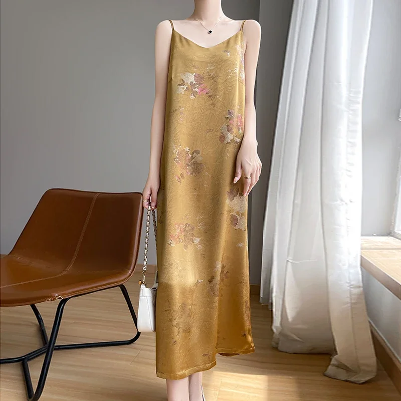 Satin Chinese Jacquard Strap French Dress 2025 Summer New Style Slimming Long Dress with Chinese Style Strap Skirt