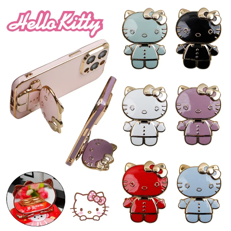 Sanrio Hello Kitty Mobile Phone Holder Cartoon Foldable Back Sticker Bracket Cute Anime Figure Makeup Mirror Style Stand Gifts