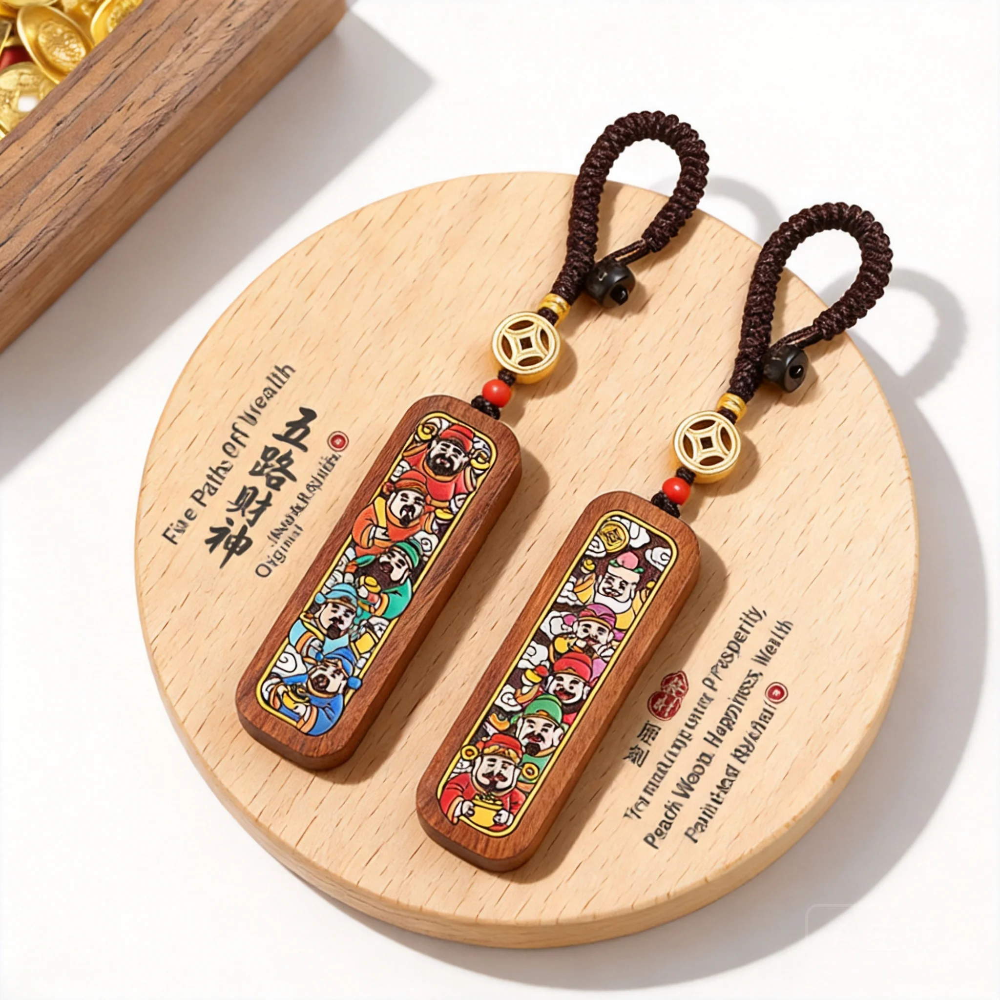 2026-chinese-trend-five-gods-of-wealth-peach-wood-key-chain-for-car-keys-diy-number-plate-bag-pendant-cute-lucky-chinese-style