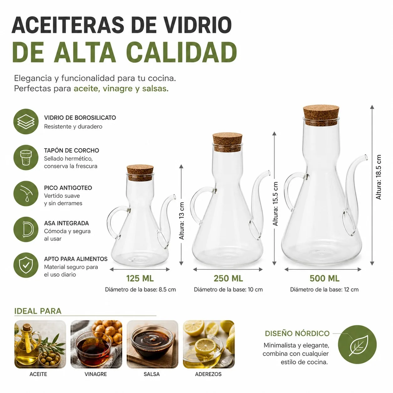 Distributeur d'huile en verre borosilicate de 125 ml avec bouchon en liège naturel et bec verseur anti-goutte, distributeur d'huile et de vinaigre avec poignée ergonomique, récipient de cuisine minimaliste