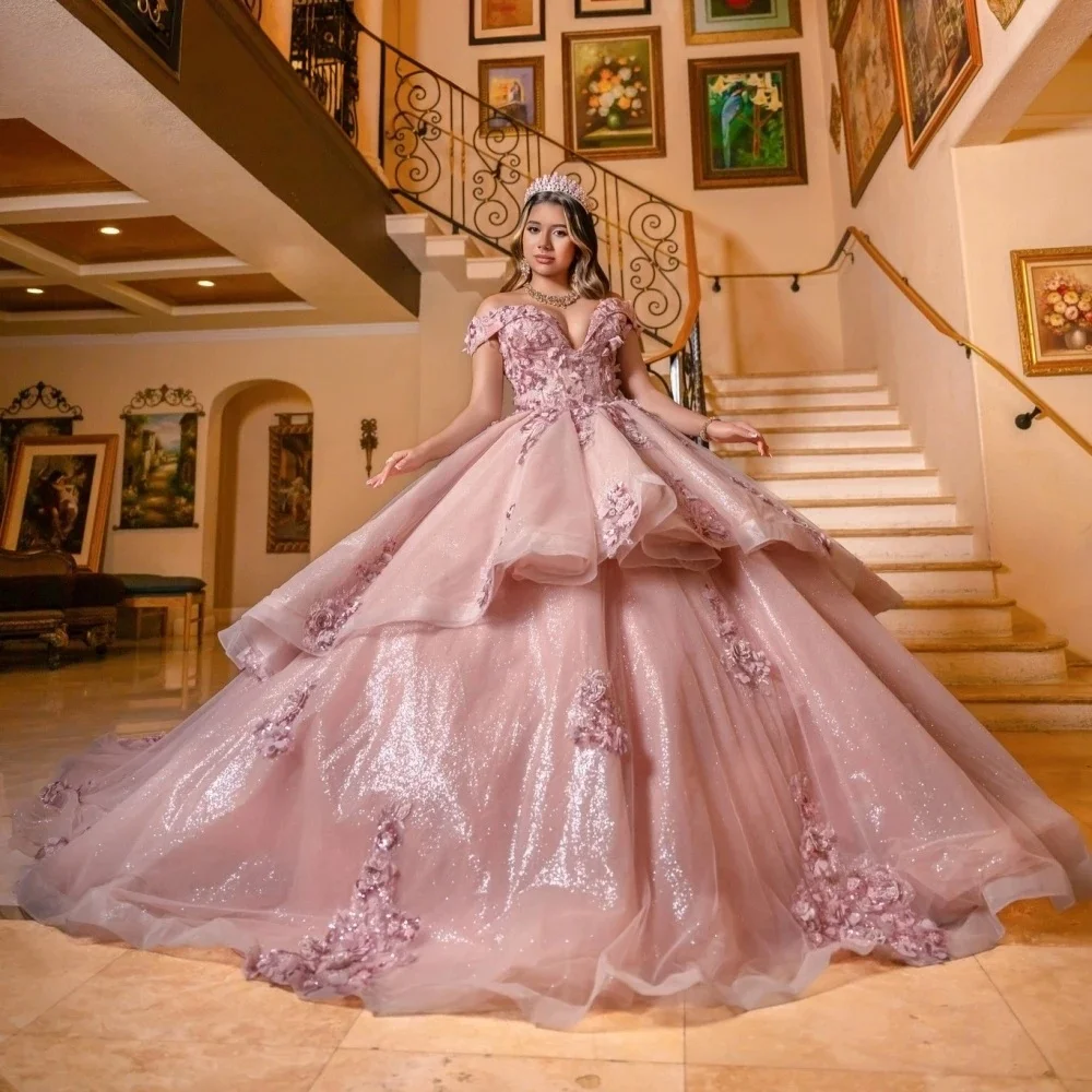 

Pink Quinceanera Dresses Ball Gown Off The Shoulder Appliques Floral Sweet 16 Dresses 15 Años Customized