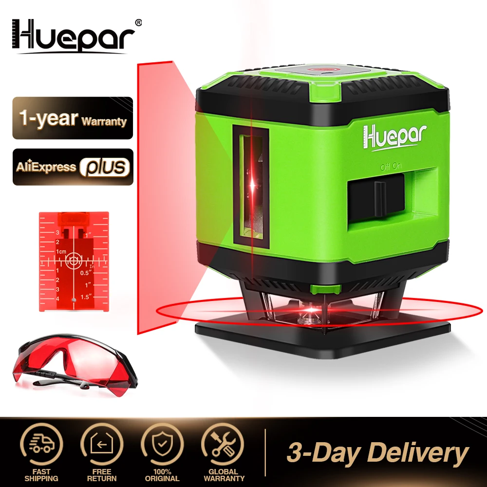 

Huepar Floor Laser Level 360° Horizontal 130°Vetical Red Beam 5 Lines Tools With Target Board Red Glasses For Tile Laying Square