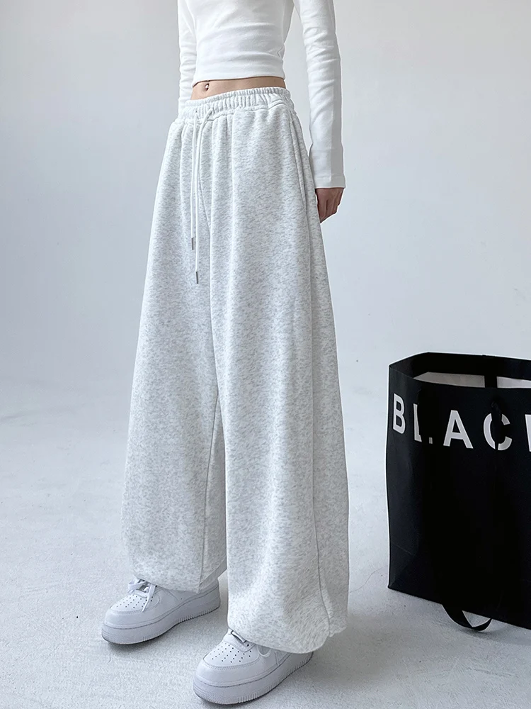 مريحة Dstring فضفاضة المرأة Sweatpants عالية الخصر Fce اصطف السراويل واسعة الساق الخريف الشتاء بناطيل كاجوال