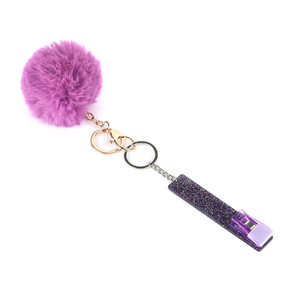 1pc Credit Card Grabber Keychain With Puff Ball And Acrylic Clip For Long Nails Contactless Birthday Presents Woman Gift