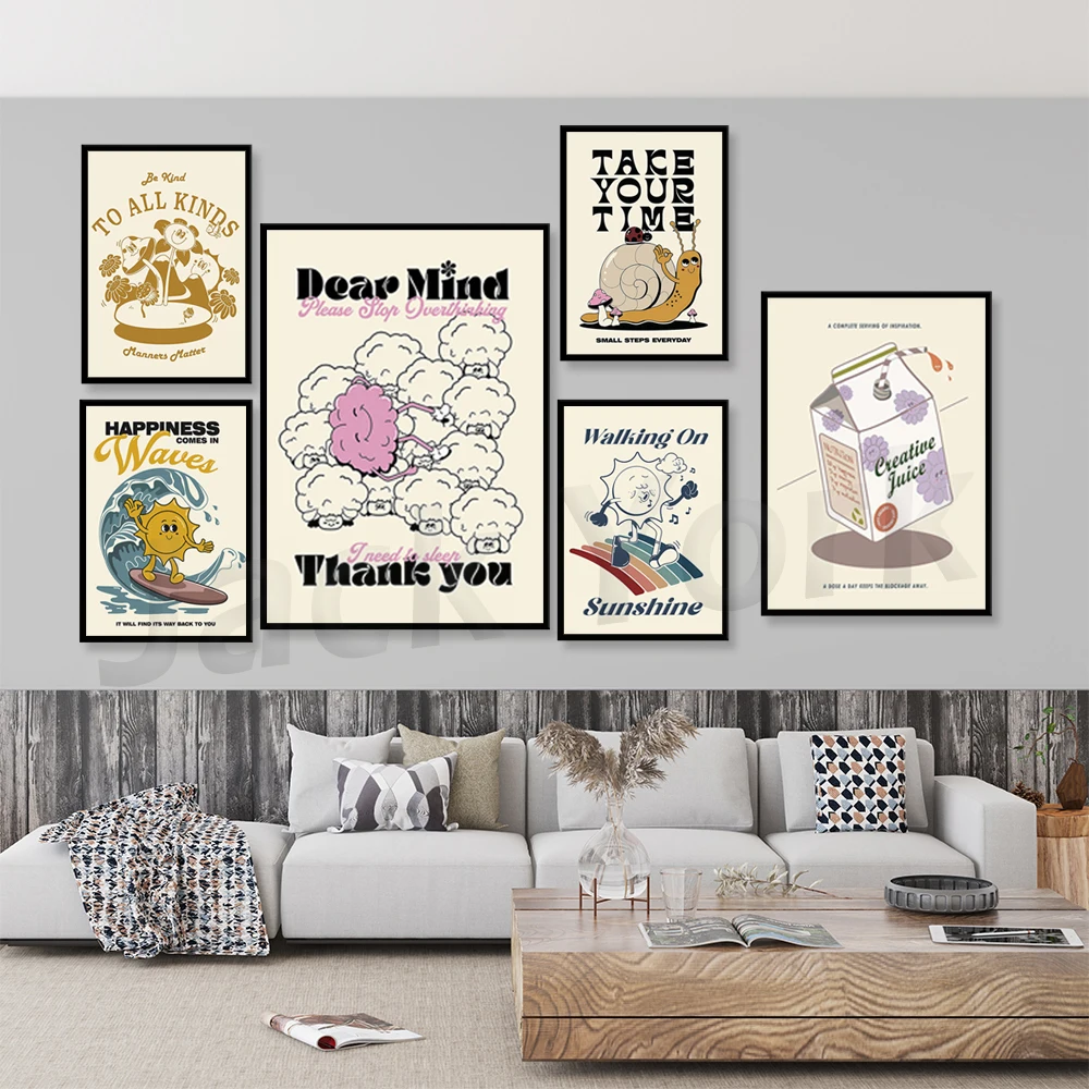 Retro Sun Wall Art, Retro Quote Wall Print, Self Care Art, Here Comes The Sun Art, 70's wall art, Be Kind To Your Mind