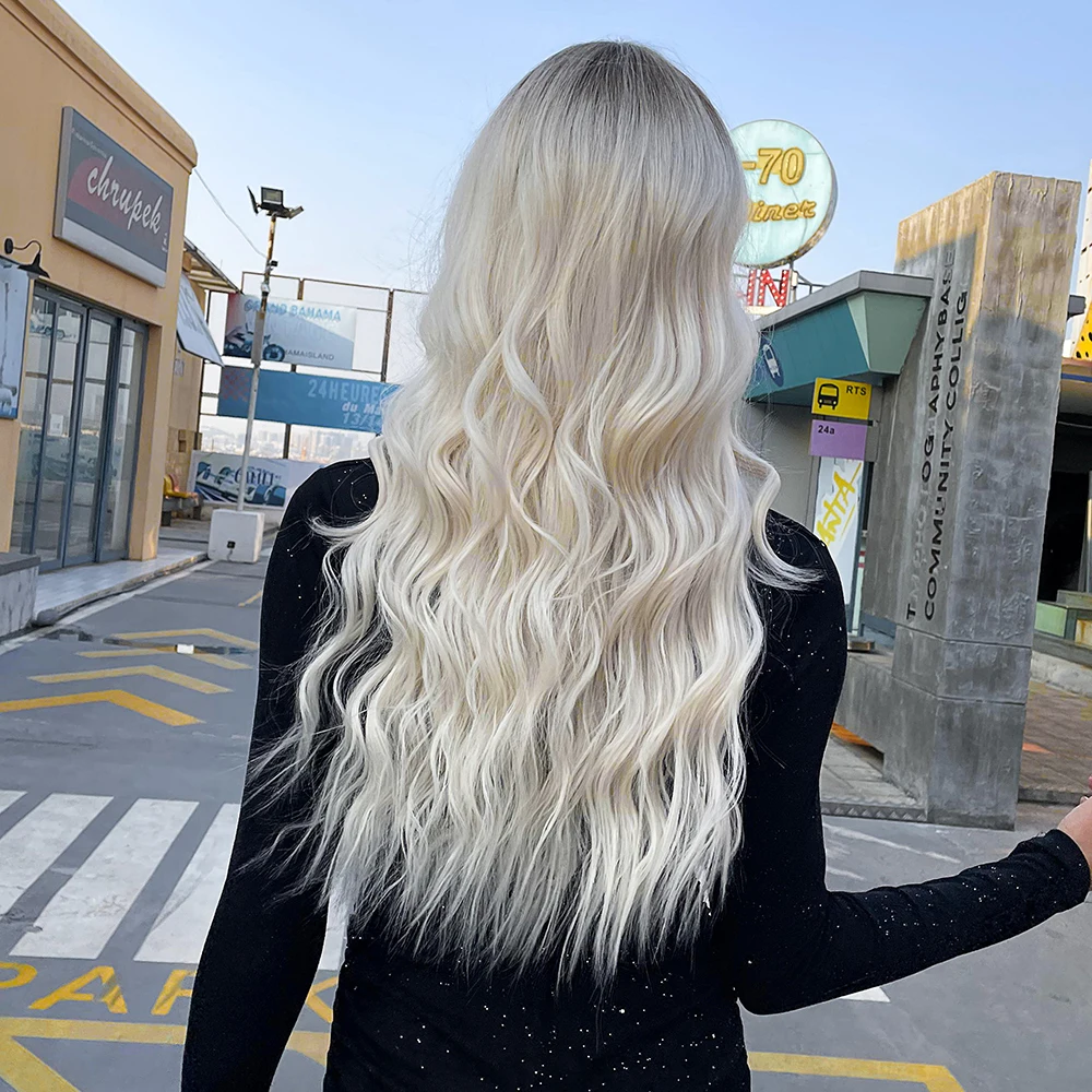 LOUIS FERRE Long Platinum Wave Synthetic Wig for White Women Ombre Light Blonde Wigs With Bangs Daily Cosplay High Temperature