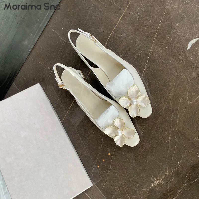 

Pearl Petal Sandals Round Head Temperament Square Head Shallow Back Empty Pumps Summer Thick Heel Casual Women's Shoes