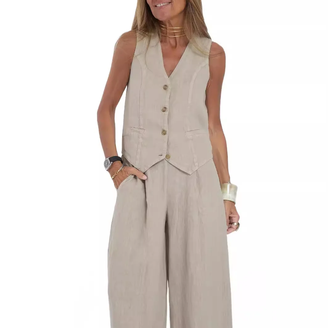 

2025 New Women Vest Top + Trousers Patchwork Cotton Linen Casual Suit Summer Solid Women Vest Top + Wide Leg Pants Two Peice Set