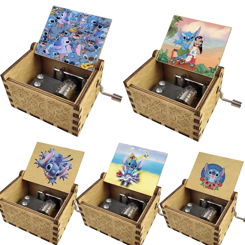 

Disney Stitch Wooden Music Box Cartoon Pattern Hand Cranked Creative Home Decoration Carved Musical Box Kids Birthday Gifts