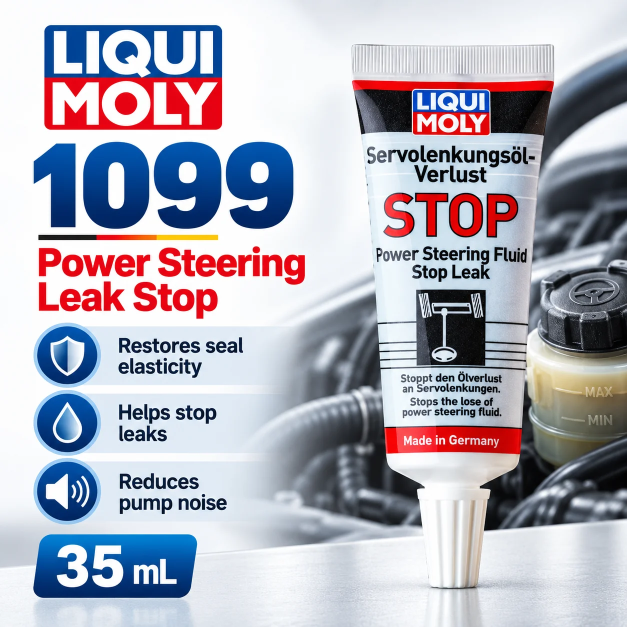 LIQUI MOLY 1099 Power Steering Oil Leak Stop 35ml Steering Fluid Additive Seal Conditioner for Leak Prevention Noise Reduction