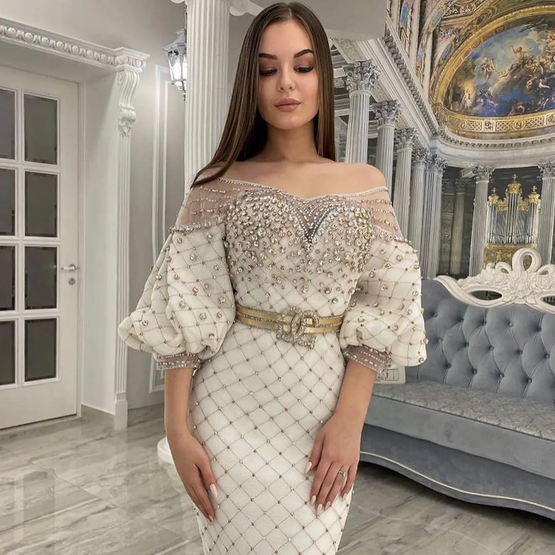 FATAPAESE Luxury Dubai Arabic OFff-Shoulder Cross Gold Beads Stons Sheath Evening Dress with Fluffy Sleeves Wedding Party Gowns