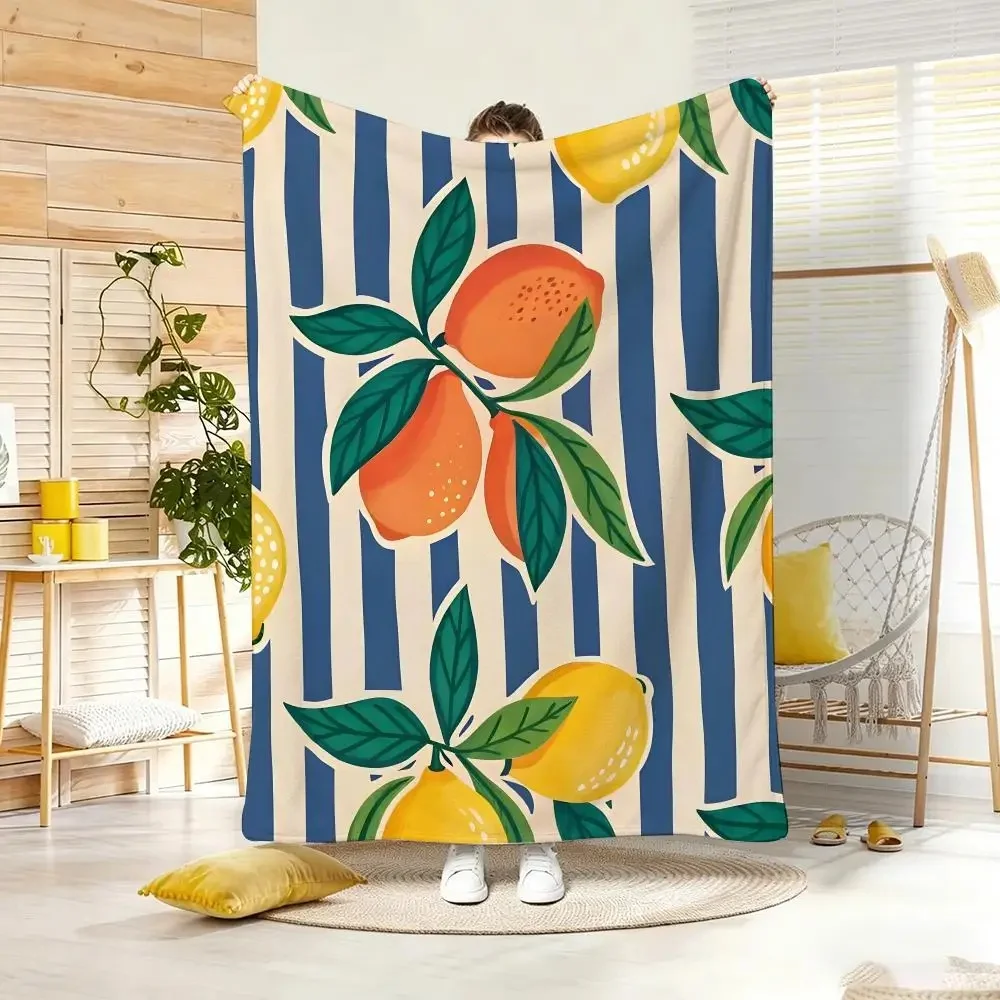 Summer Lemon Cart Print Flannel Throw Blanket Hand‑Drawn Fruit Shell Pattern Soft Lightweight Plush Blanket for Sofa Couch Bed Home Decor