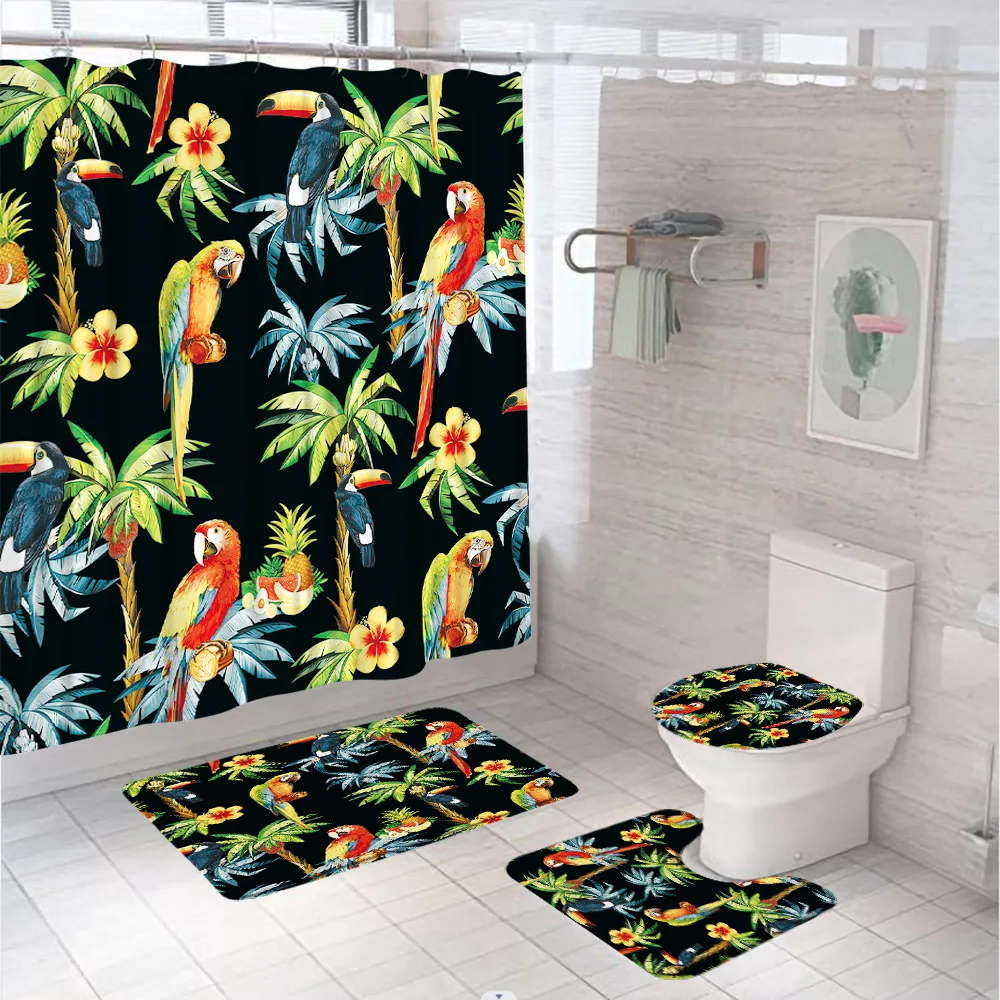 Colorful Parrot Shower Curtain Set Palm Tree Pineapple Tropical Flower Bathroom Curtain Decor Non-Slip Bath Mat Rug Toilet Cover