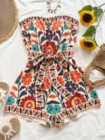 Women's Summer Colorful Folk Printed Crop Top and Shorts Jumpsuit, Suitable for Beaches, Music Festivals, Hippie Styles, Party