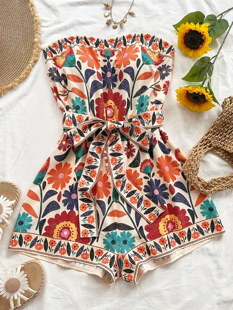 Women's Summer Colorful Folk Printed Crop Top and Shorts Jumpsuit, Suitable for Beaches, Music Festivals, Hippie Styles, Party
