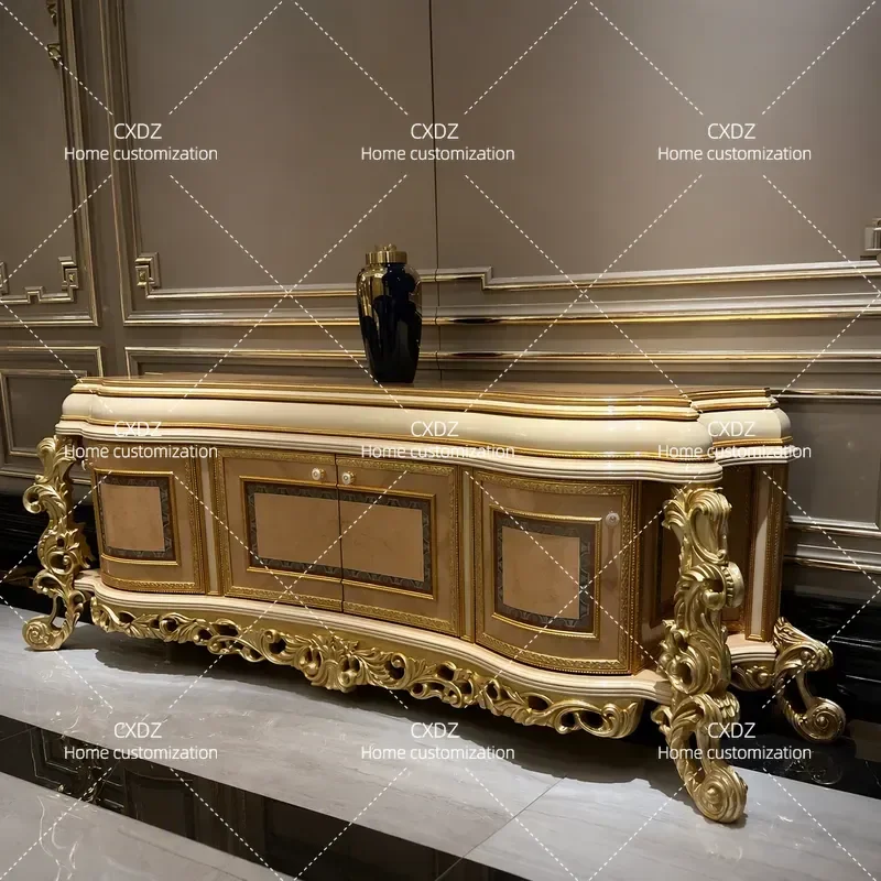 European solid wood TV cabinet French luxury villa living room furniture household carved TV cabinet locker floor cabinet