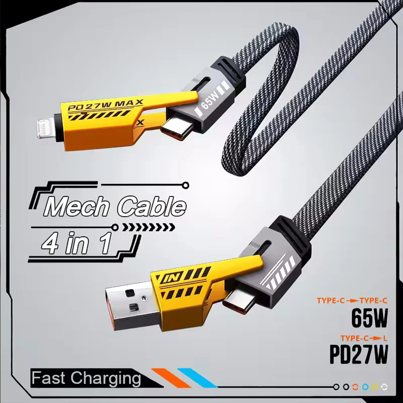 4 in 1 Mecha Style Fast Charging Data Cable PD 27W For iPhone 15 Samsung Xiaomi 65W USB Type C Multi Port Universal Charge Line