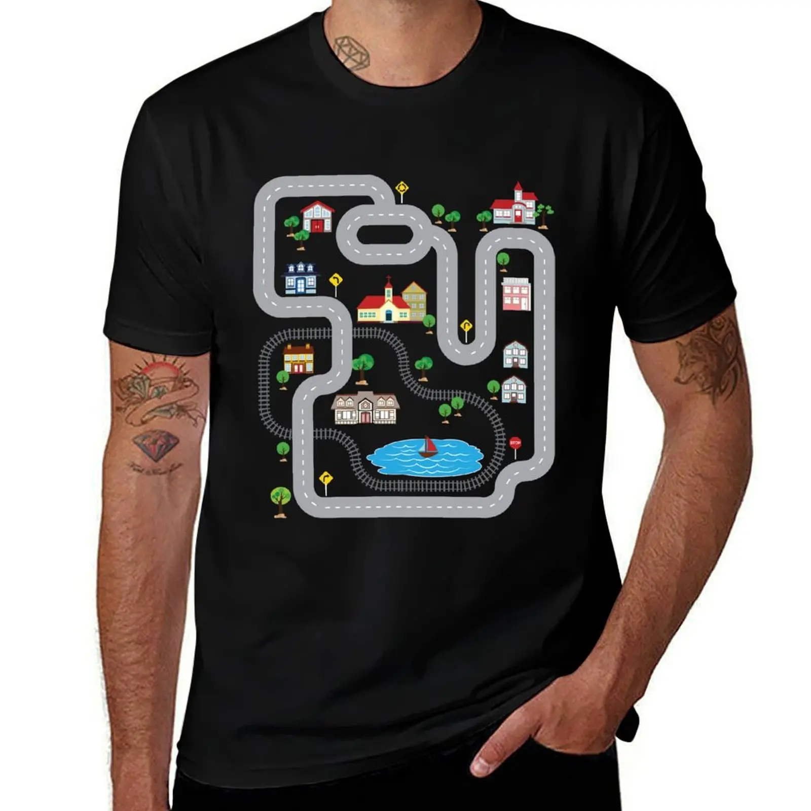 

Playmat Train Car Road Track Printed On Back Funny T-Shirt graphic tee shirt cute tops heavy weight t shirts for men