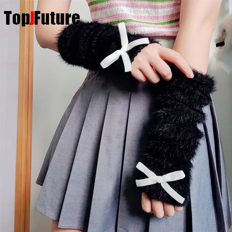 Subculture Women Men Gothic Lolita Glove Arm Cover Harajuku arm warmers Y2K Girl Plush black white bow keep warm Arm Warmers