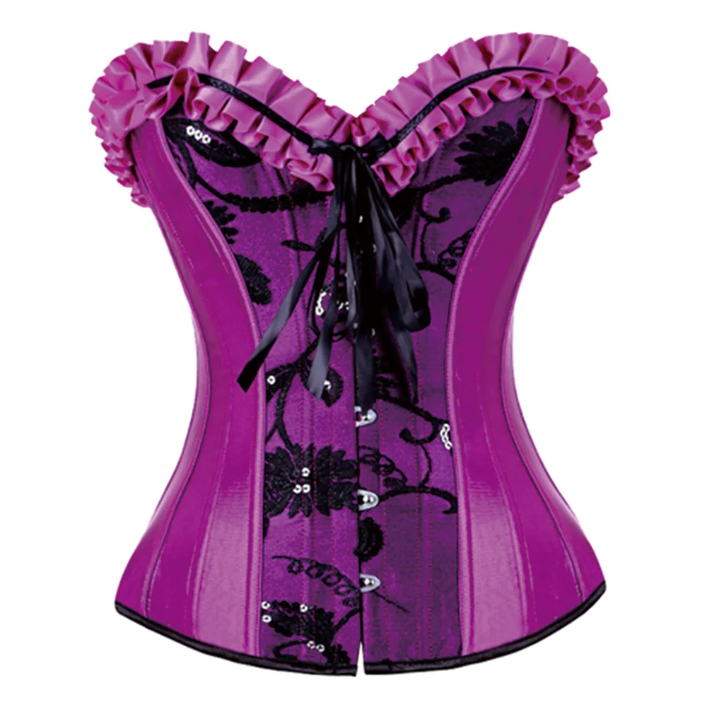 

Satin Corset for Women Fishbone Overbust Corset Frilly Lotus Lace Sexy Purple Bustiers Lingerie Vintage Corselet Tops Plus Size