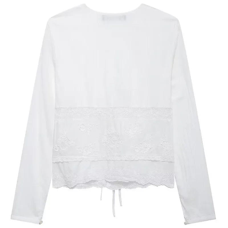 TRAF Embroidered Cropped Shirt Women\'s Shirt Summer Shirts & Blouses White Black Shirt V-Neck Long Sleeve Blouse With Ties 2024