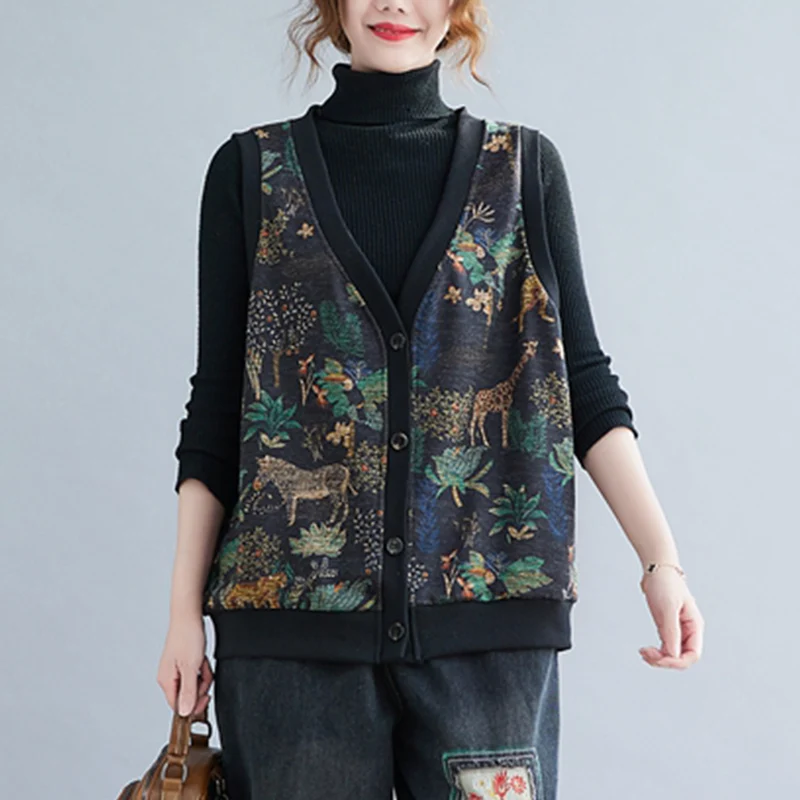 الرجعية طباعة Fce اصطف سترة دافئة ملابس خارجية حجم كبير المرأة المفتوحة سترة سترة صغيرة الخريف الشتاء الملابس سترة علوية