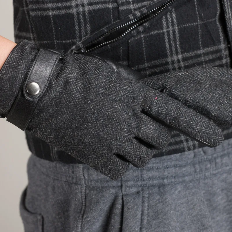 Leather Gloves for Men Winter Woolen Motorcycle Driving 100% Genuine Leather Sheepskin Gloves Full Finger Guantes Outdoor Button