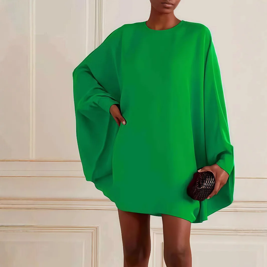 

Solid Patchwork Dress Women Fashion Round Neck Long Batwing Sleeves Loose Mini Dress 2026 New Spring Elegant Party Dresses