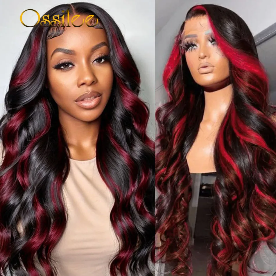 

Ossilee 1B Burgundy Highlight Wig Human Hair Body Wave 13x6 HD Lace Frontal Wig 1B Red Human Hair Wigs 5X5 Lace Closure Wig