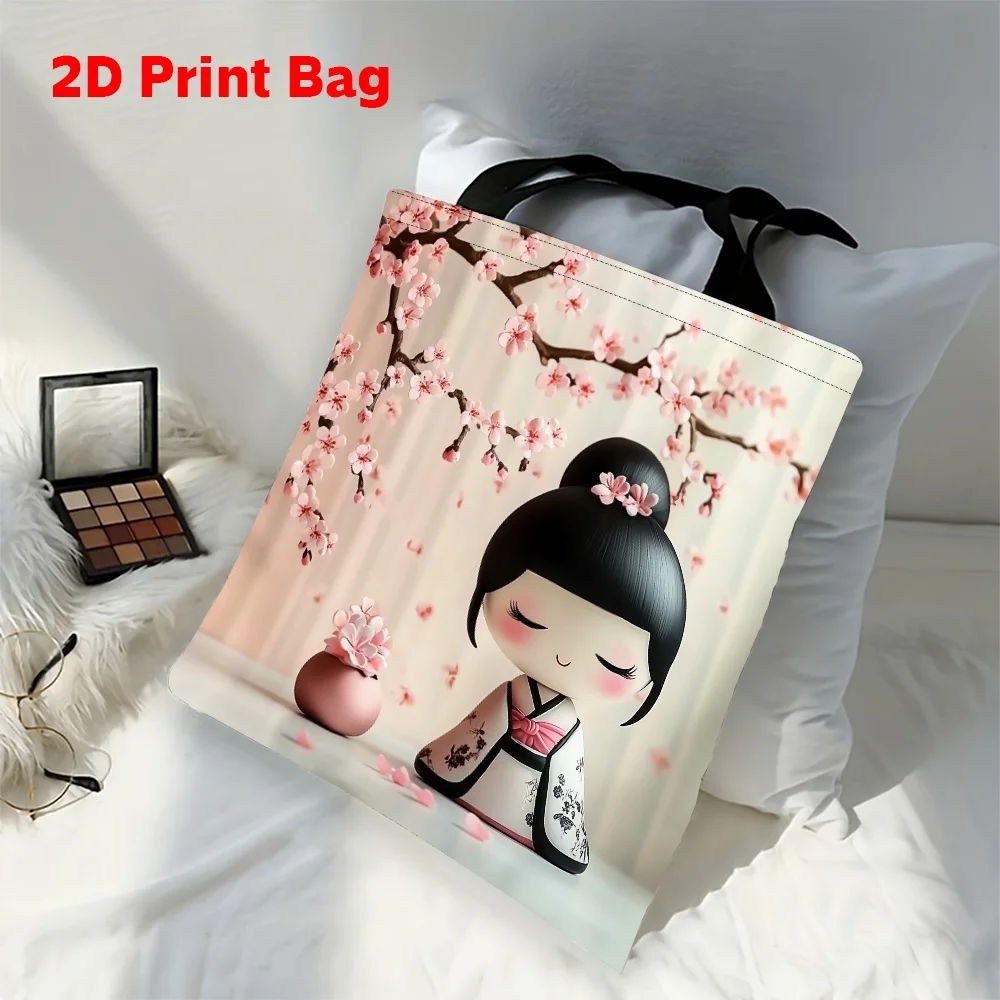

1pc Cherry Blossom Japanese Style Tote Bag with Cute Doll Design – Large Capacity, Durable & Foldable for Shopping