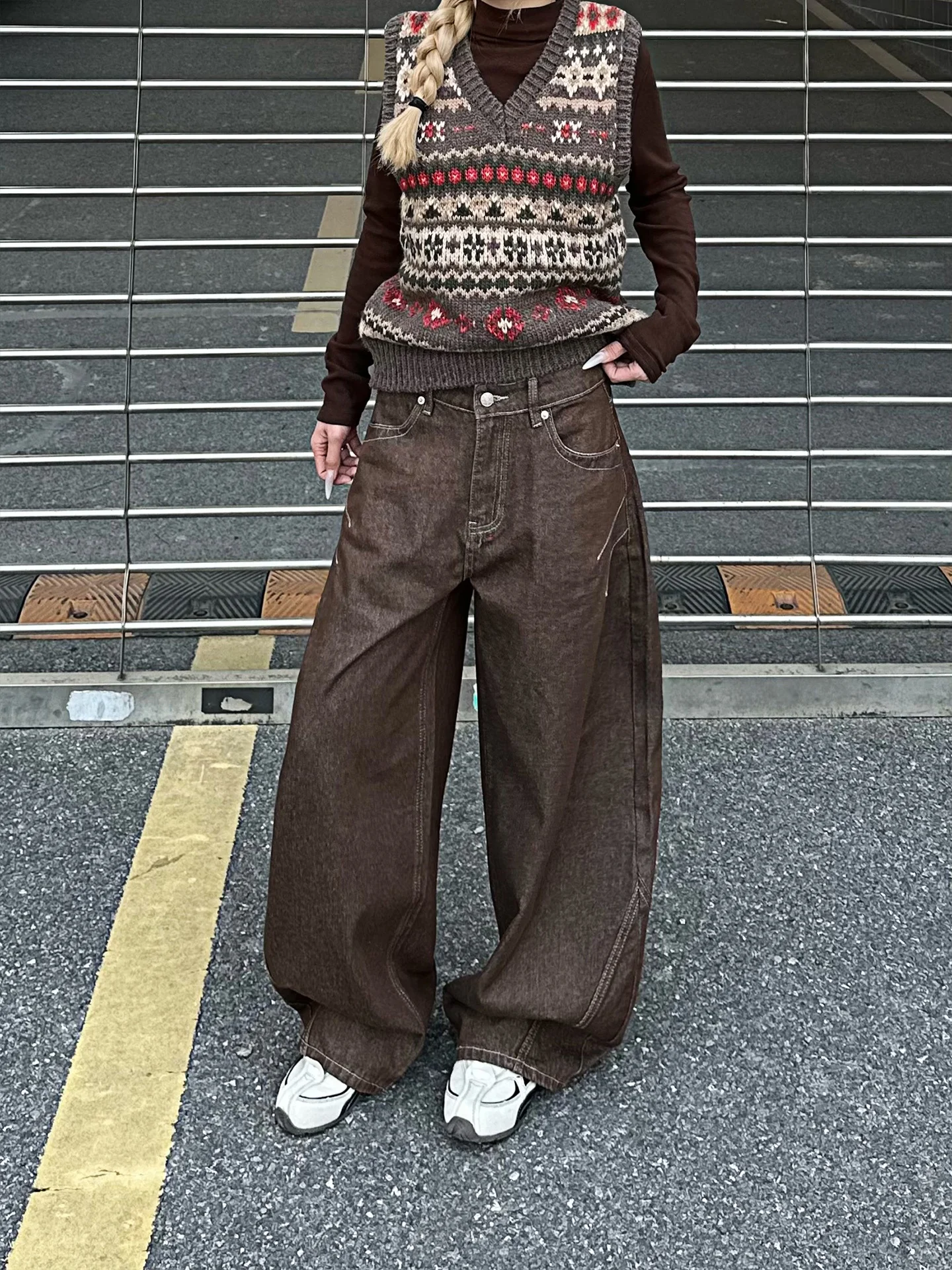 

NNK American Retro Contrast Color Straight Line Jeans Men Women Loose Slim Casual Wide Leg Long Pants High Waist Cotton Blend