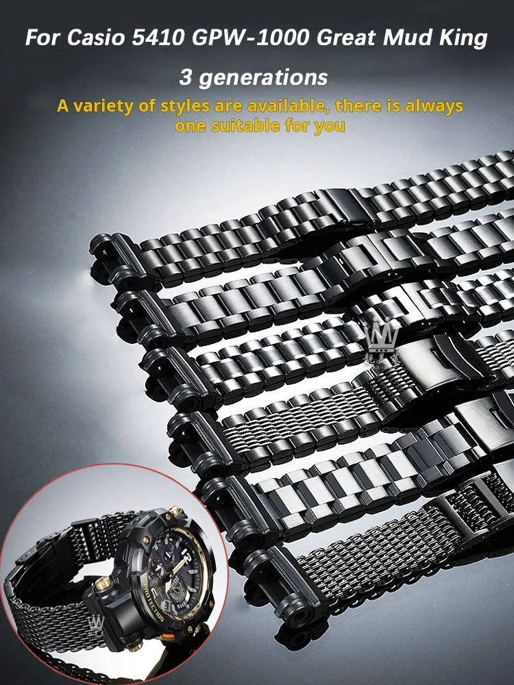 For Casio 5410 Gpw-1000 Modifie Stainless Steel Men Watch strap Black Solid Metal Gpw 1000 Watchband Safety buckle bracelet 24mm